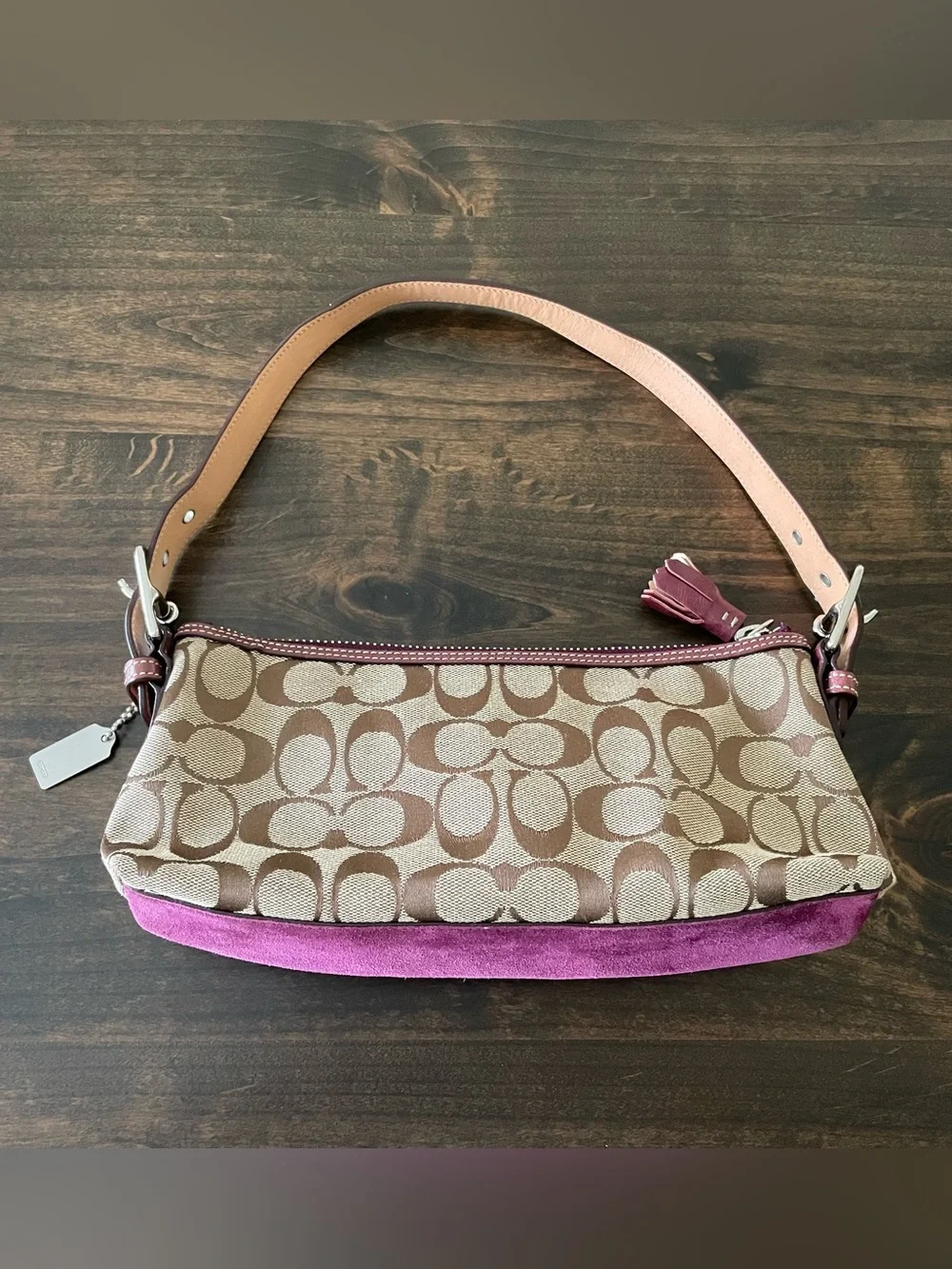 Vintage Coach 7039 Signature Stripe Suede Demi Baguette Shoulder Bag